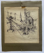 Vintage Signed Expressionism Ink Drawing Alberto Giacometti Style Mystery Artist