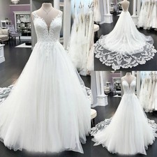 Sexy V Neck Wedding Dresses with Train Backless Lace Appliques Bridal Gowns Plus