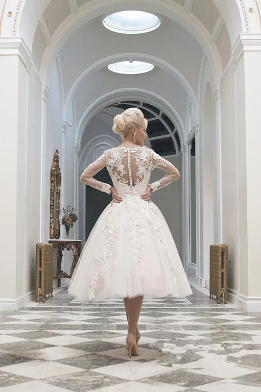 Elegant Wedding Dresses Long Sleeves Tea Length Lace Appliques A Line Bride  Gown | eBay