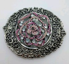 Rose Flower with Pink Rhinestone Swirl Ornate Belt Buckle Silvertone