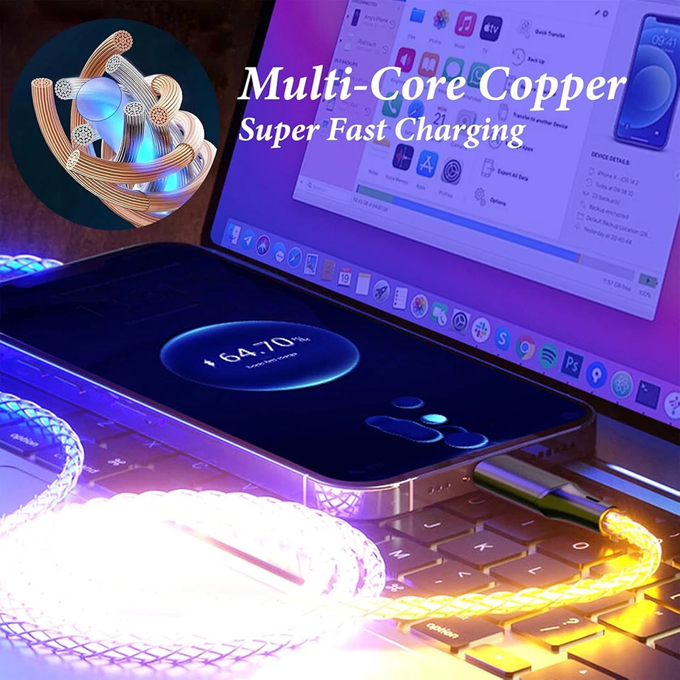 USB To USB C Cable RGB LED Light Fast Charging Cord Type C Charger for iPhone 16 - Image 3 of 4