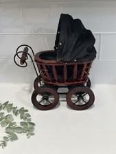 Vintage Antique Styles Dooll Stroller Cherry Wood Wicker Black Cloth Carriage