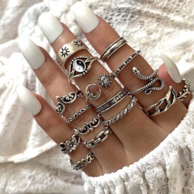 80pcs Vintage Moon Sun Knuckle Finger Ring Set Leaf Flower