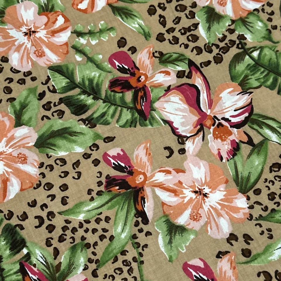 "Tela de mezcla de rayón estampada floral marrón coral flores hawaianas de 6 yardas 56"" de ancho" Foto 3 de 4