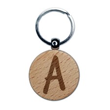 Letter A Uppercase Felt Marker Font Engraved Wood Round Keychain Tag Charm