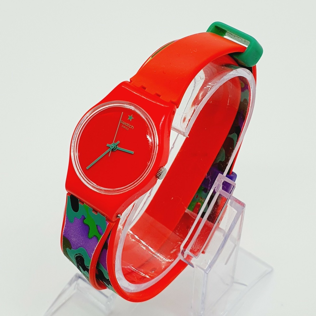 Funky Swatch Lady Watch, Vintage Colorful Red Purple Green Swiss