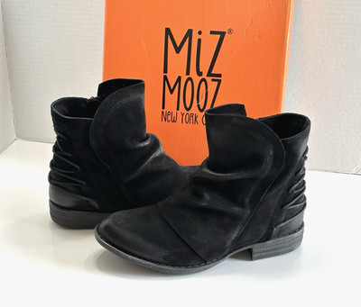Miz Mooz Dotti Boots Women's US 7/EU 37 Black Suede Ruched Burnished Spain NEW