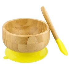 Acorn Baby Bamboo Baby Bowl and Silicone Baby Spoon Yellow Set for Solid Food