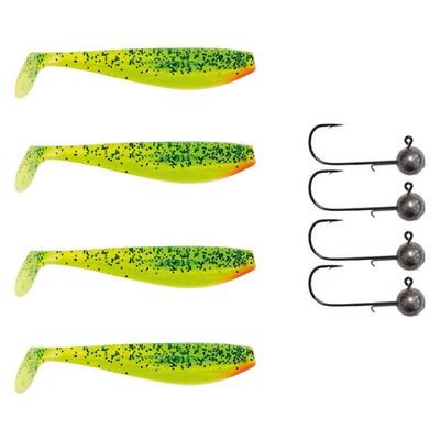 4x Fox Rage Zander Pro Shad + 4x Pamchion Jig Heads Set 8-Piece Lemon Tiger