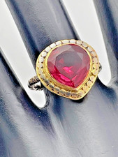 925 STERLING SILVER 2 TONE 11MM TEARDROP PINK CZ TEXTURED BAND RING SIZE 7 3528