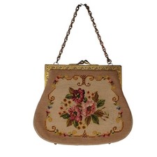 Vintage Tapestry Handbag Romantic Needlepoint Purse Bag w/Coin Purse 50's Floral