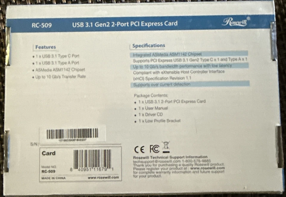 Rosewill RC-509 PCI-E (PCI Express) to USB 3.1 (Type A + Type C) Expansion Card - Image 2 of 2
