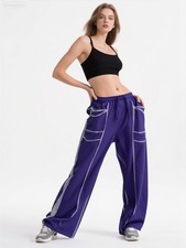 Women  s Wide-Leg Contrast Stitch Cargo Lounge Pants   Purple   Size Large   NEW
