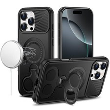 For iPhone 16 Pro Max Case Magnetic Circle Dual 360 Ring Stand Tempered Glass