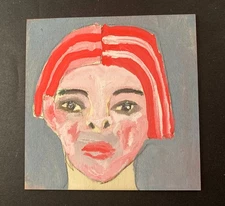 Original Portrait Painting Woman Pink Striped Hair Naive Square Expressive Art