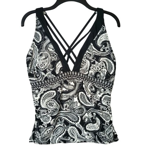 Liz Claiborne Paisley Tankini Swimsuit Top Size Large Black White