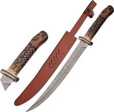 Viking Medieval Sword Damascus Steel 18in. Blade Wood Handle Leather Sheath
