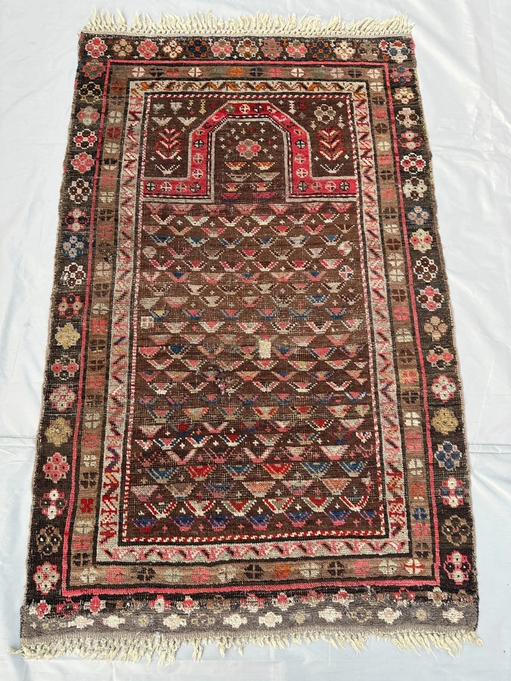 Alfombra de oración caucásica antigua de 4,8 x 3,0 pies, alfombra de lana tribal afgana anudada a mano Foto 2 de 4