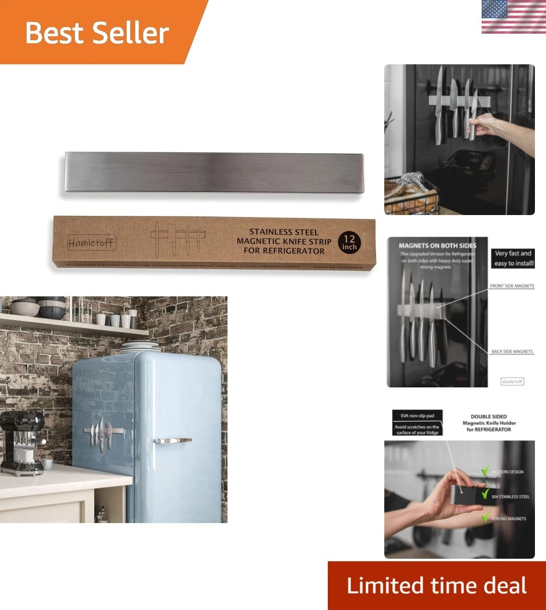 Magnetic Knife Holder for Refrigerator – 12 Inch Professional Double Sided Ma...
