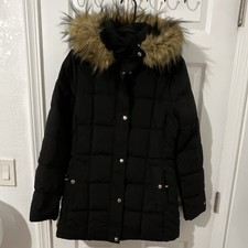 Tommy Hilfiger Black Women's Hooded Puffer Jacket Faux Fur Trim Zip Pockets M