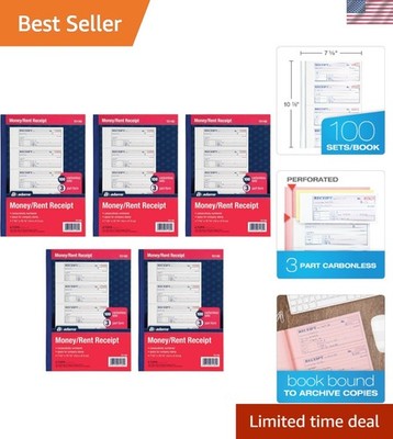 Money and Rent Receipt Books, 3-Part Carbonless, 7-5/8'' x 10-7/8'', Bound Wrap...