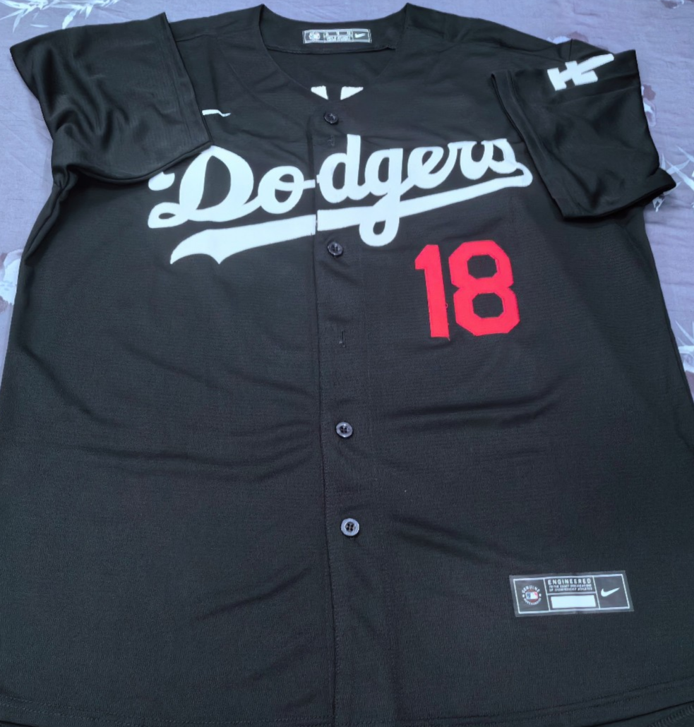 Yoshinobu Yamamoto #18 Dodgers Black/Red Cool Base Sewn Stitched