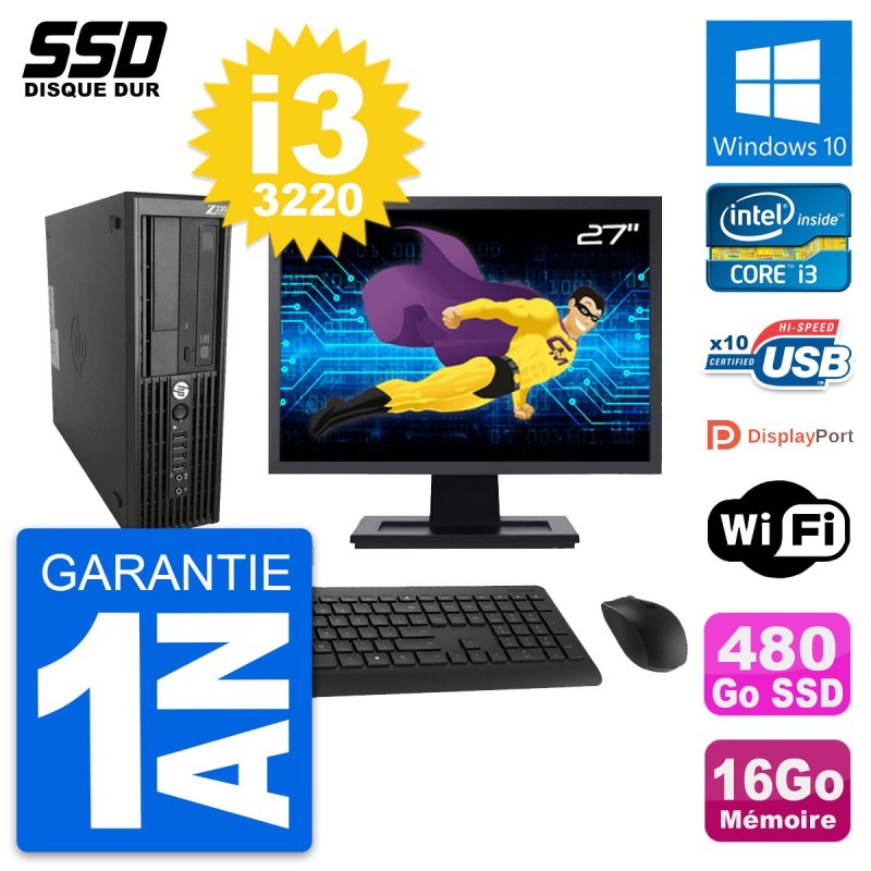 PC HP WorkStation Z220 SFF Ecran 27" i3-3220 RAM 16Go SSD 480Go Windows 10 Wifi