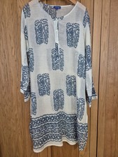 Made in Italy 100% Cotton Block Print Tunic Top Dress Size Large Blue & White