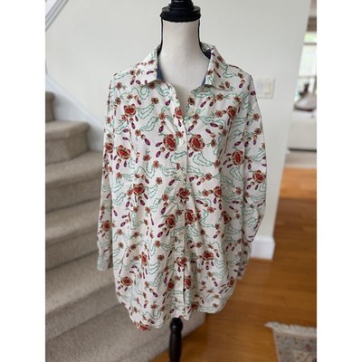 Talbots White Jewelry Necklace Printed Long Sleeve Button Down Shirt Preppy