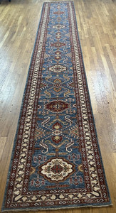 Geometric Pattern Runner Rug, Blue Red & Beige, Rectangle Shape for Adults