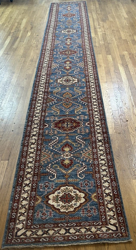 Geometric Pattern Runner Rug, Blue Red & Beige, Rectangle Shape for Adults