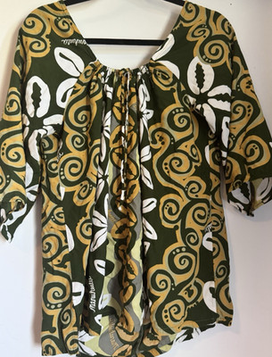 Manuheali'i Women's L Rayon 3/4 Sleeve Tiare/Shell Drawstring Blouse Green Brown