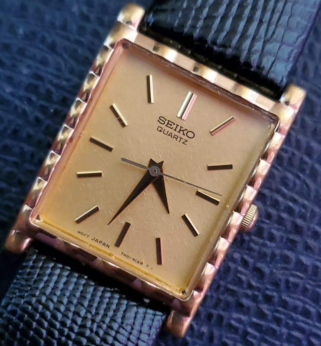 Vintage Seiko Tank Fancy Case Golden Pie Pan Dial,With New Lizard