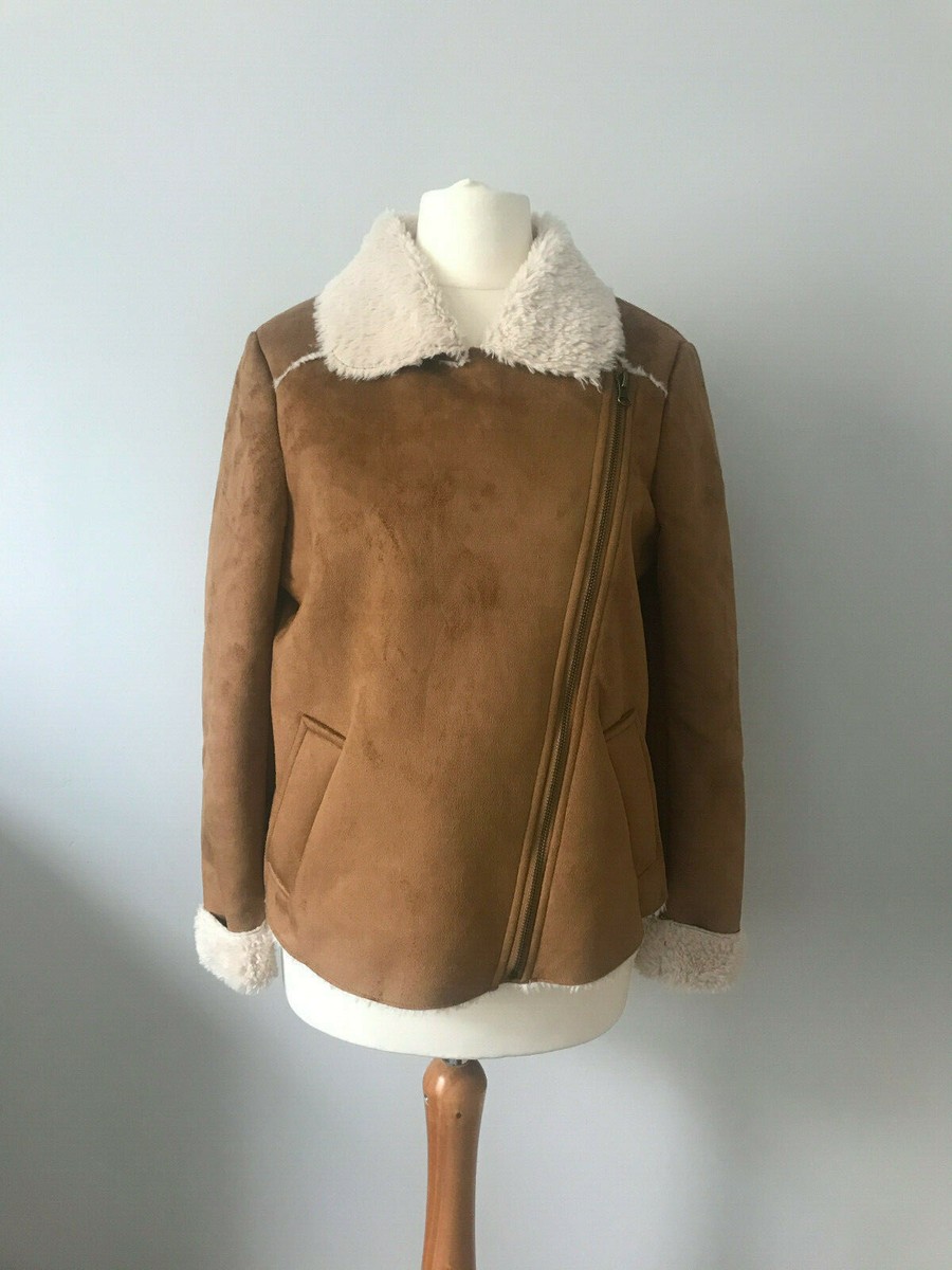 Womens New Look Petite Tan Casual Faux Shearling Short Biker