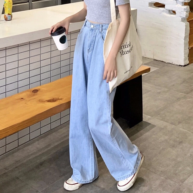 Womens Jeans High Waist Denim Pants Palazzo Trousers Wide Leg Loose Casual  Blue