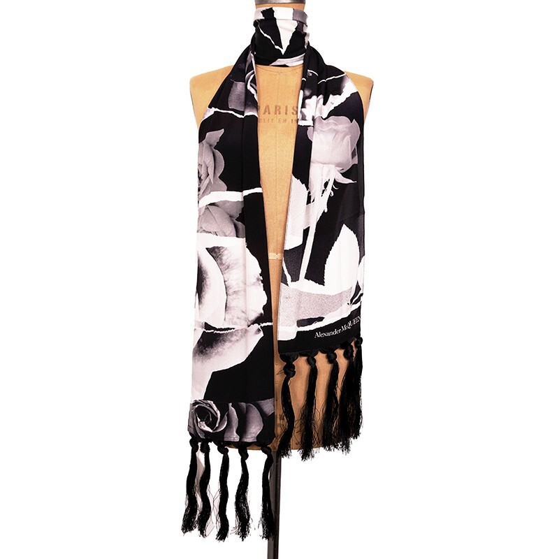 NEW $530 ALEXANDER MCQUEEN Black White TORN ROSES PRINT Silk