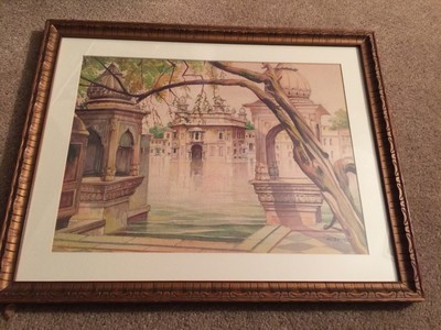 vintage original WATERCOLOR by artist BERNARD LOUIS BORIONE flooded temple