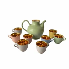 Figgjo Flint Pastel Palette Coffee/Tea Set 24k Gold With Pot and Cups