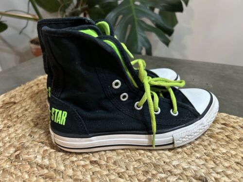 Converse Black Neon Green High Top Youth Size 12 All Star  - Afbeelding 1 van 7