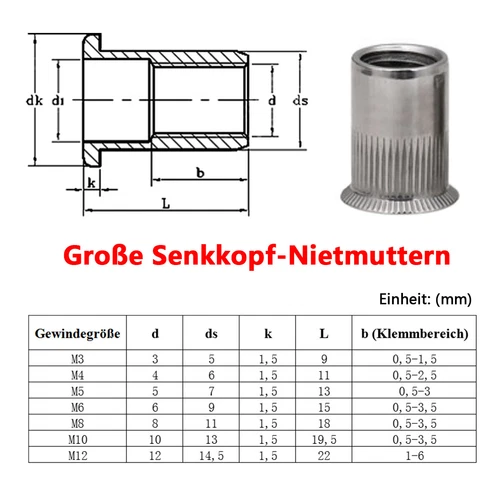 M3-M12 Nietmutter Flach / Senk Blindnietmuttern Einnietmuttern Edelstahl A2 - Bild 5 von 19