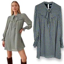 REFORMATION Cyril Mosaic Mod Mini Dress S Green TieFront Abstract Square Pattern