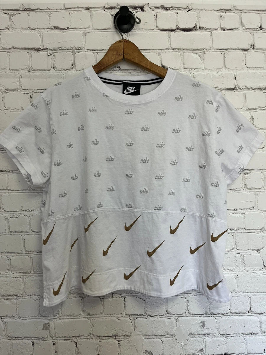 Nike XL White T Shirt Gold Swoosh And Silver Nike Spell Outs Cropped 100 Cotton