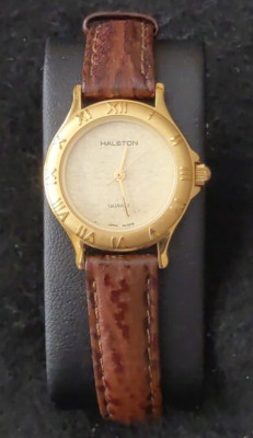 Halston Vintage Women's Quartz Watch Gold Dial Case Bezel Brown Leather Strap