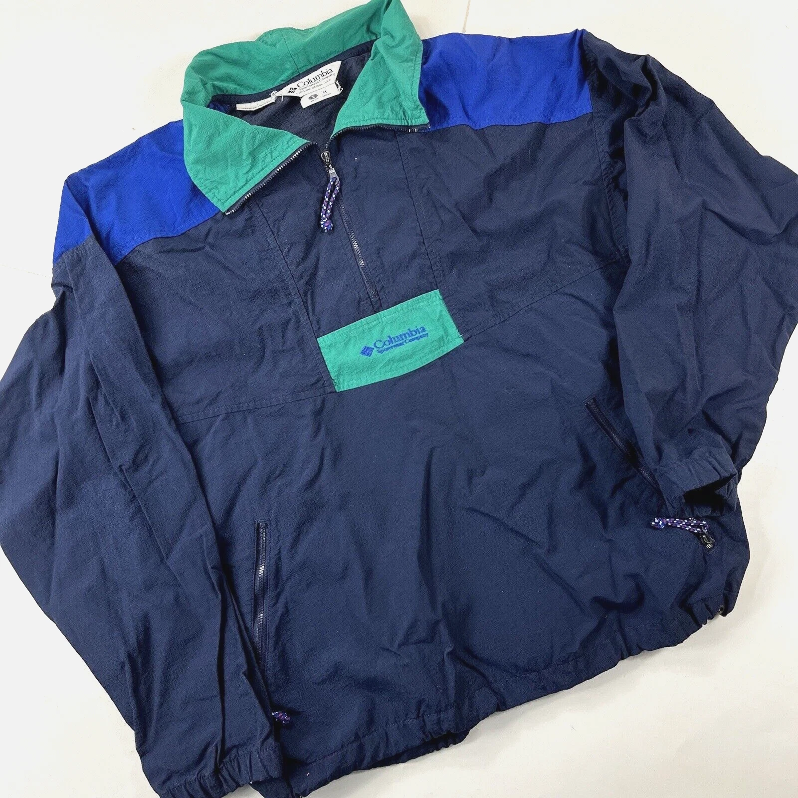 Columbia Jacket Medium Blue Anorak Colorblock VTG 90s Windbreaker Light nylon