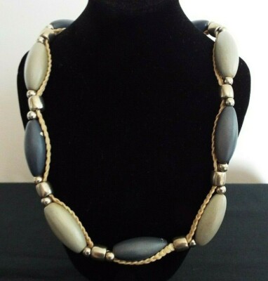 M S BLUE GREY OVAL WOOD BEADS, WHITE METAL BEADS ON A CORD 89