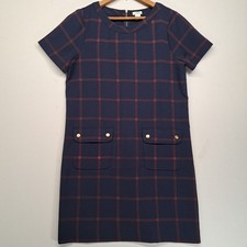 J Crew Dress Short Sleeve Front Pockets Gold Zipper Buttons Blue Plaid zip 4