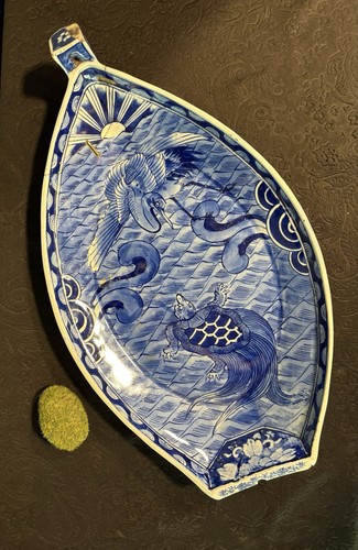 Antique Japanese Repaired Plate Warmer Boat Shape, Blue And White Ceramic Tray - Picture 10 of 24
