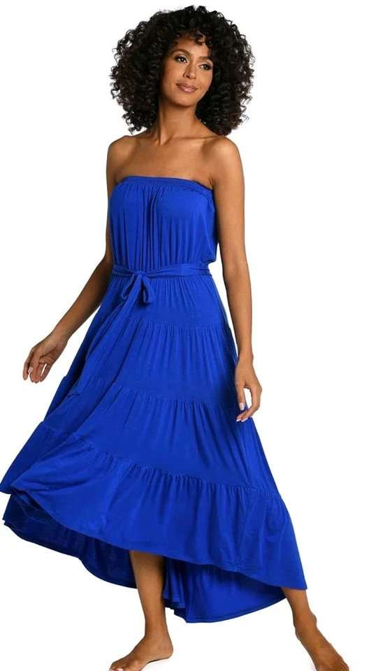 La Blanca垂褶亲爱的无肩带迷笛连衣裙小号蓝色分层泳装遮盖 — 第 3/4 张图片