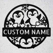 Custom Happy Penguins Metal Sign Personalized Winter Decor Plaque Gift for Home