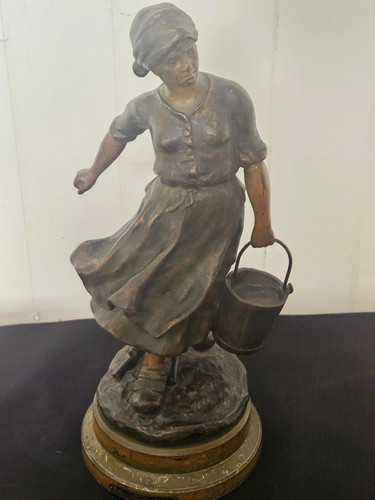 Beautiful Antique Spelter Bronze Art Deco Milkmaid Statue Figure  Early 1900'S